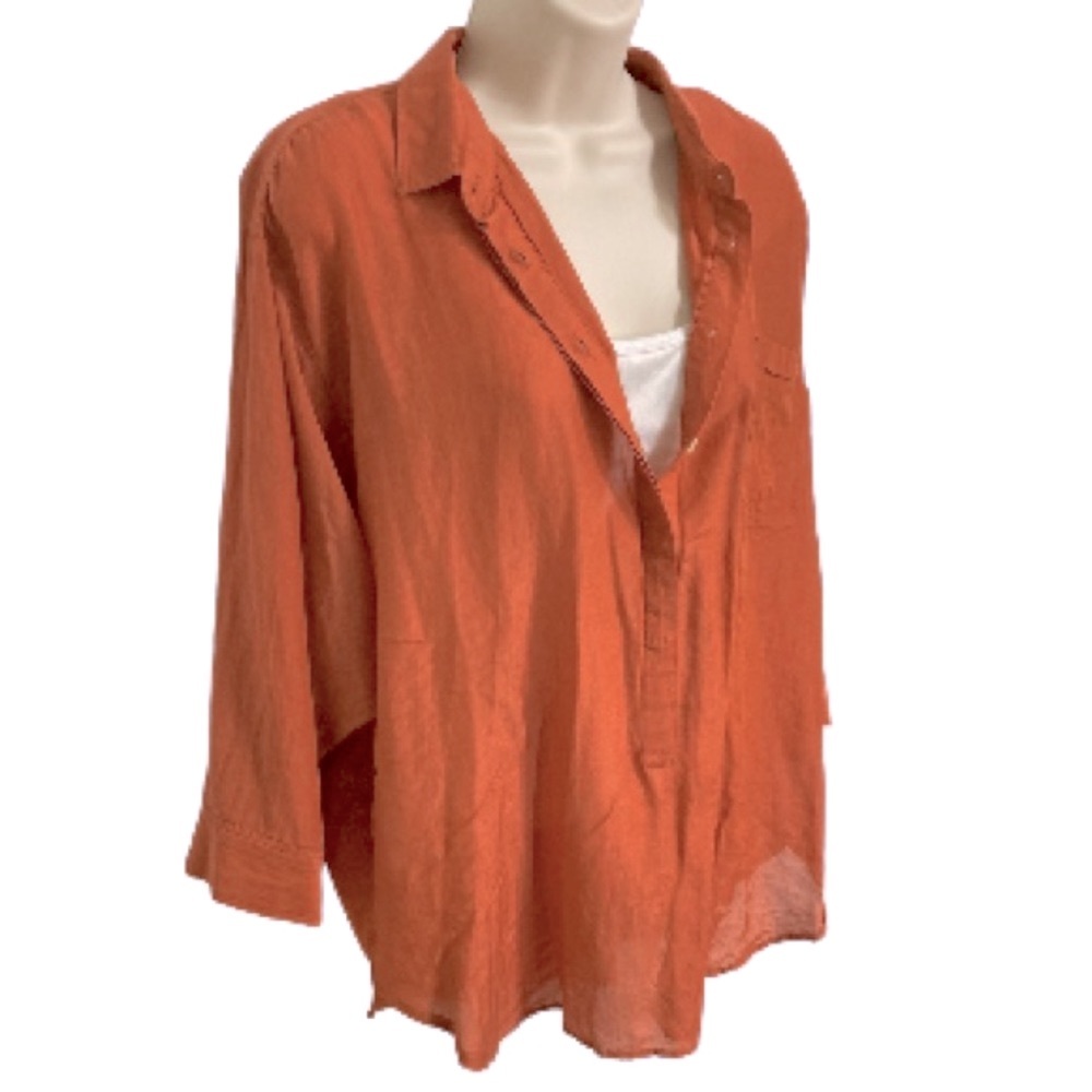 SILK Blend Popover Collared LOFT Softened Orange Gauze  Blouse Women’s Large
